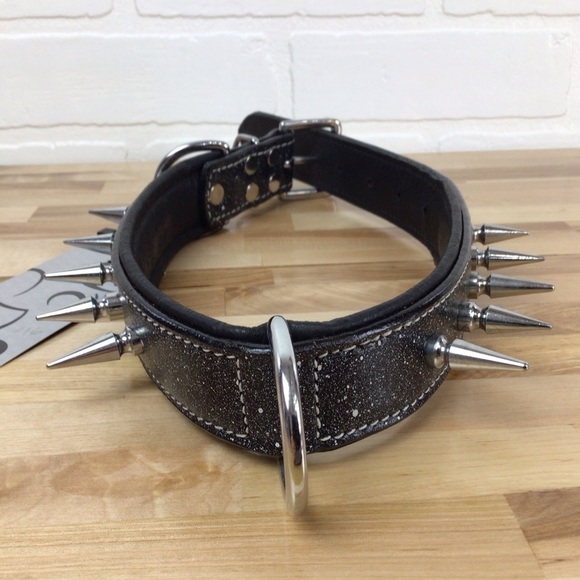 Mad Cow genuine leather Punk Rock dog collar handmade black dark silver studs - Picture 6 of 16